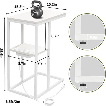 C Shaped End Table with Charging Station, Small Side Tables for Living Room Bedroom, Sofa Table with USB Ports and Outlets for Small Spaces, Rustic Bed Side Table