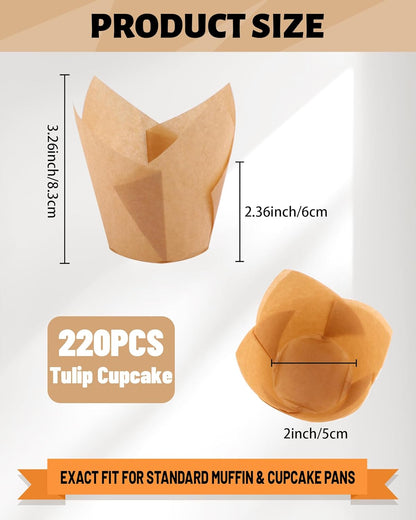 220Pcs Tulip Cupcake Liners for Baking Cups,Greaseproof Cupcake Wrappers in Standard Size,Parchment Paper Tulip Muffin Liners,Natural
