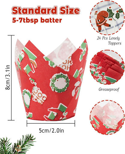 200 Pcs Christmas Tulip Cupcake Liners with 24 Pcs Cupcake Toppers, Cupcake Liners, Tulip Cupcake Liners for Baking, Standard Tulip Muffin Liners for Christmas Holiday