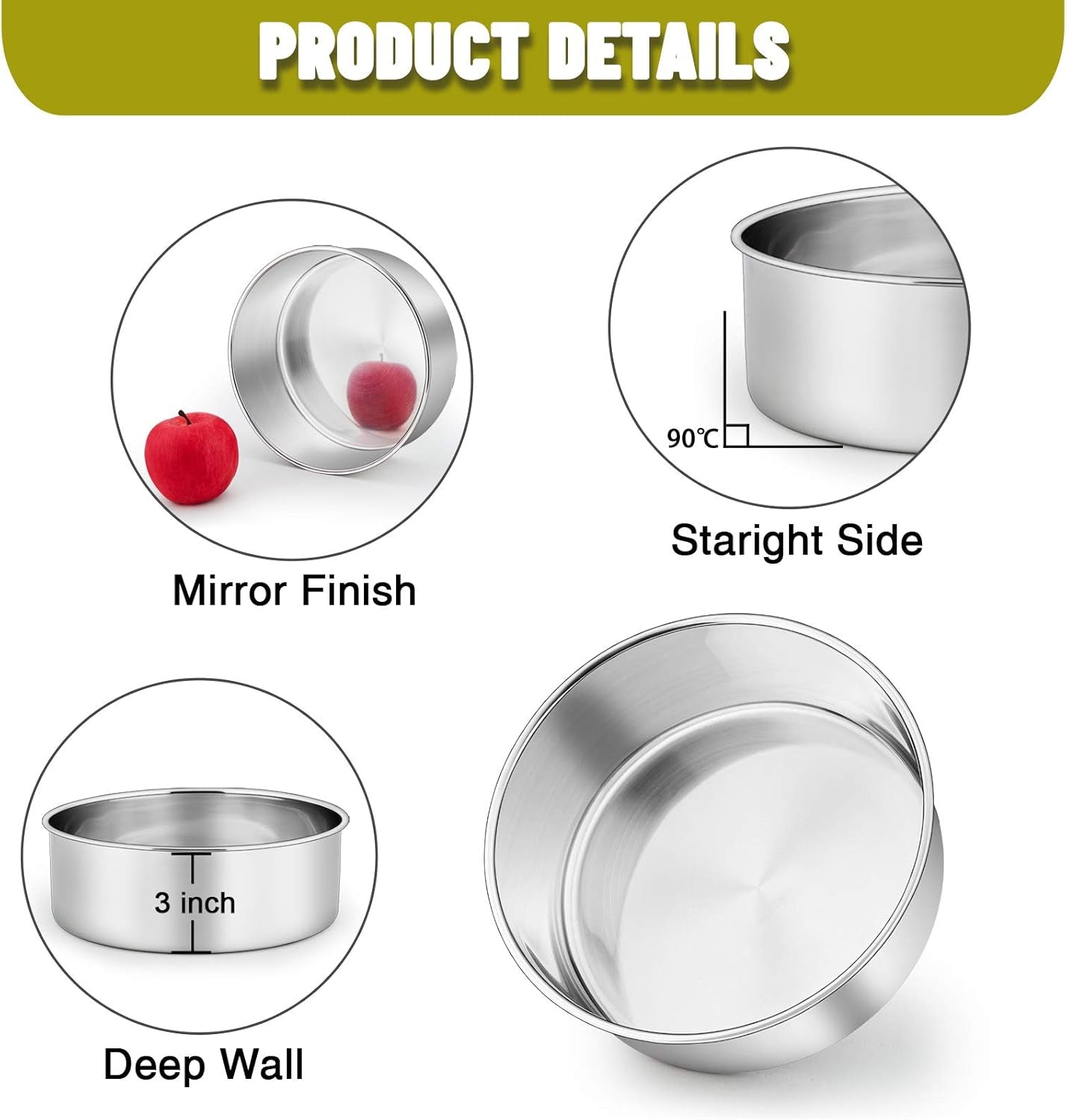 8 Inch Cake Pans Set, round Baking Pan Stainless Steel Layer Birthday Wedding Cake Oven Pans, Non Toxic & Heavy Duty, Deep Side & Mirror Finish, Dishwasher Safe, (2Pcs)