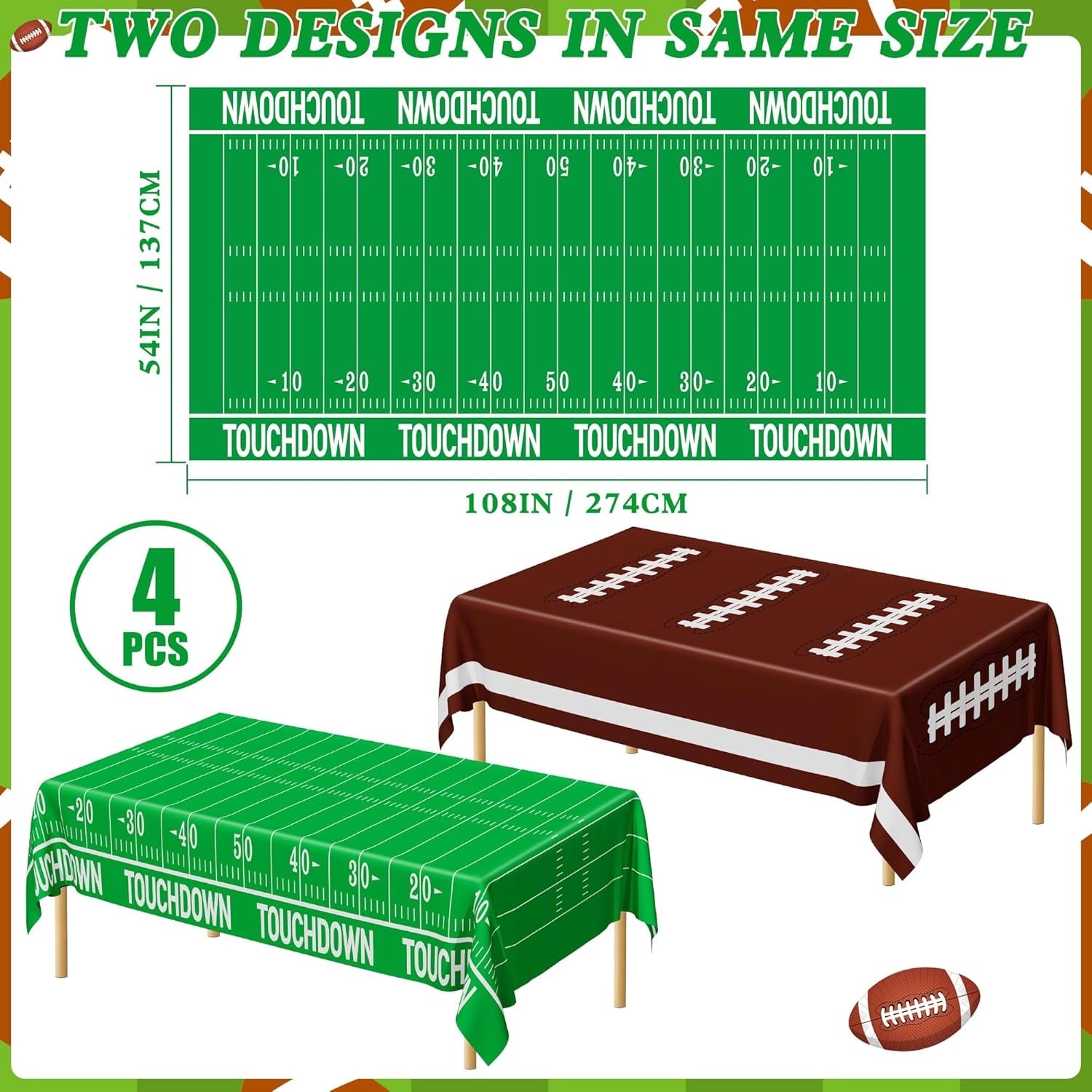 Football Party Supplies, Disposable Football Tablecloth, 4 PCS Table Cloth with 2 Styles, Touchdown Theme Tablecloths, Plastic Table Runner for Game Day Party Decorations