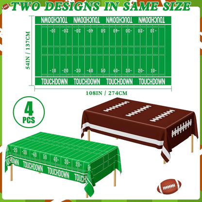 Football Party Supplies, Disposable Football Tablecloth, 4 PCS Table Cloth with 2 Styles, Touchdown Theme Tablecloths, Plastic Table Runner for Game Day Party Decorations