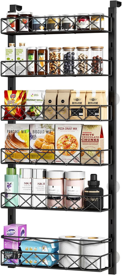 over the Door Organizer, Black 6-Tier Pantry Door Organizer with Adjustable Basket, Hanging Spice Rack Cabinet Door Shelves, Laundry Room Organization and Storage