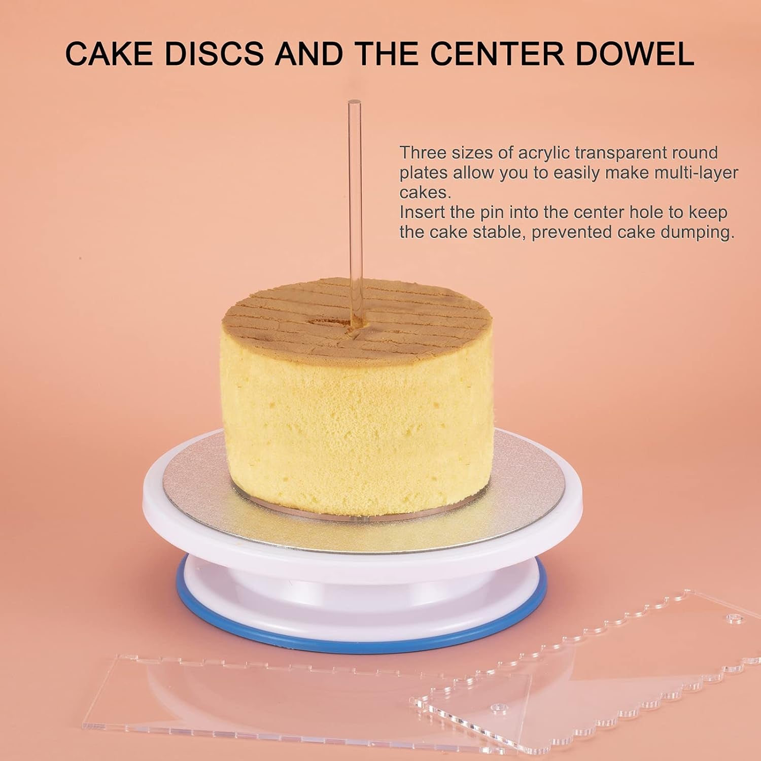 Acrylic Round Cake Discs Set (6.5”, 8.5”, 10.5”) with Dual Circles for Each Size, Includes Comb Icing Scraper and Edge Smoother Cream Scraper