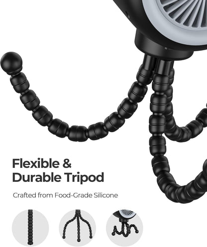 Portable Stroller Fan with Flexible Tripod, Car Seat Fan Clip-On for Infant, Rechargeable Battery Operated Fan with 3 Speeds, Baby Travel Gear for Outdoor Camping, Tent, Crib, Bike, Treadmill