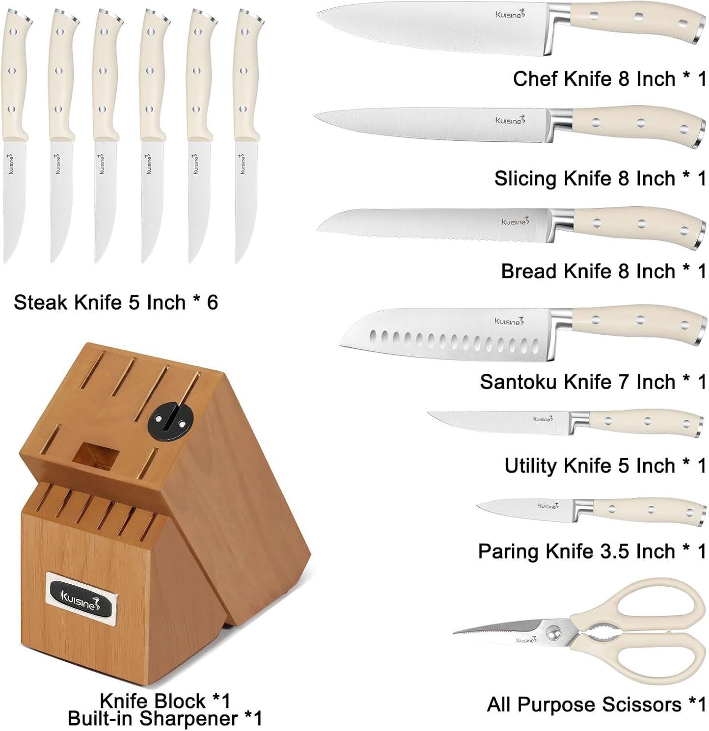Kitchen Chef Knife Block Set,High Carbon Stainless Steel Razor-Sharp Blade Ergonomic Handle,Sharp Knife Set with Built-In Sharpener,Elegant Gift(Irovy-Acacia,15Pcs)