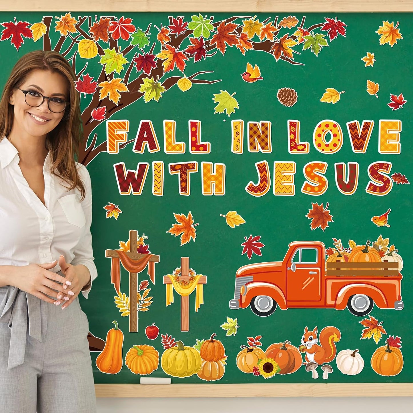 100Pcs Fall in Love with Jesus Bulletin Board Set Fall Christian Decoration Cut-Outs Paper Poster Banner with Fall Tree Leaves Pumpkin Cross Truck Patterned for Religious Church Classroom Decor