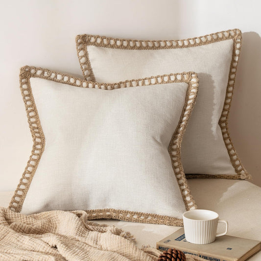 Pack of 2 Decorative Throw Pillow Covers Modern Farmhouse Outdoor Pillow Covers Neutral Linen Burlap Cushions for Couch Bed Living Room Sofa, Natural White 18 X 18 Inches 45 X 45 Cm