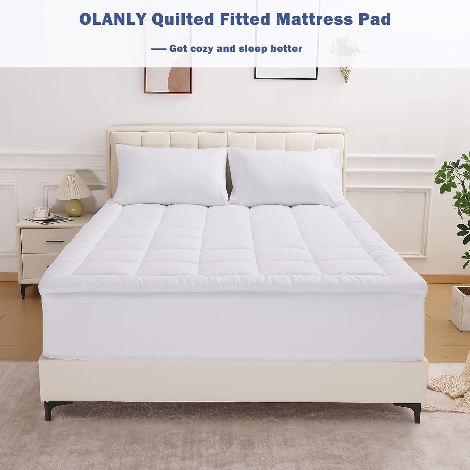 Queen Quilted Fitted Mattress Pad, Elastic Fitted Mattress Topper, Cooling Soft Mattress Cover Stretches up to 21 Inches Deep, Machine Washable Mattress Protector (60X80 Inch, White)