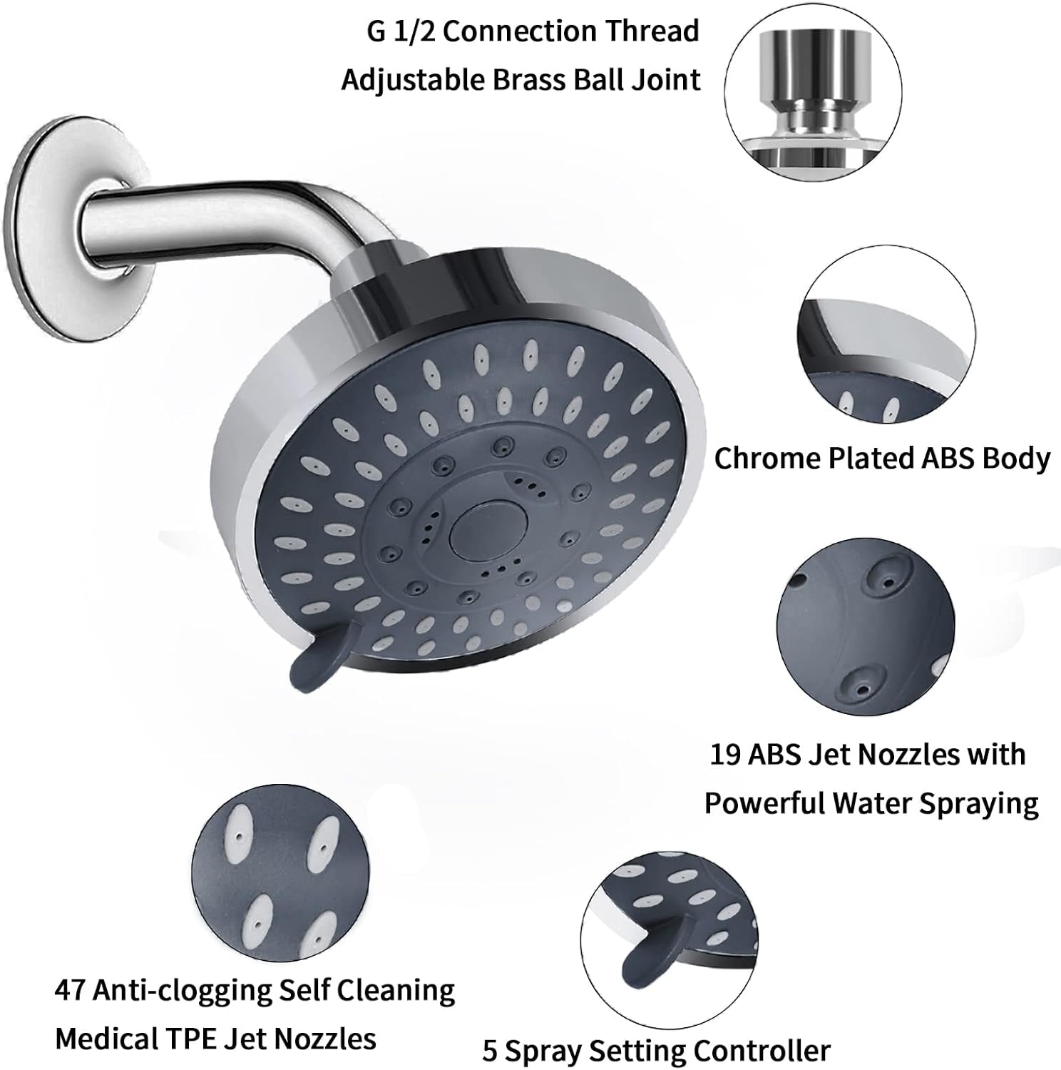 High-Pressure 4.1-Inch Shower Head with 5 Settings for a Luxurious Shower Experience, Chrome Finish