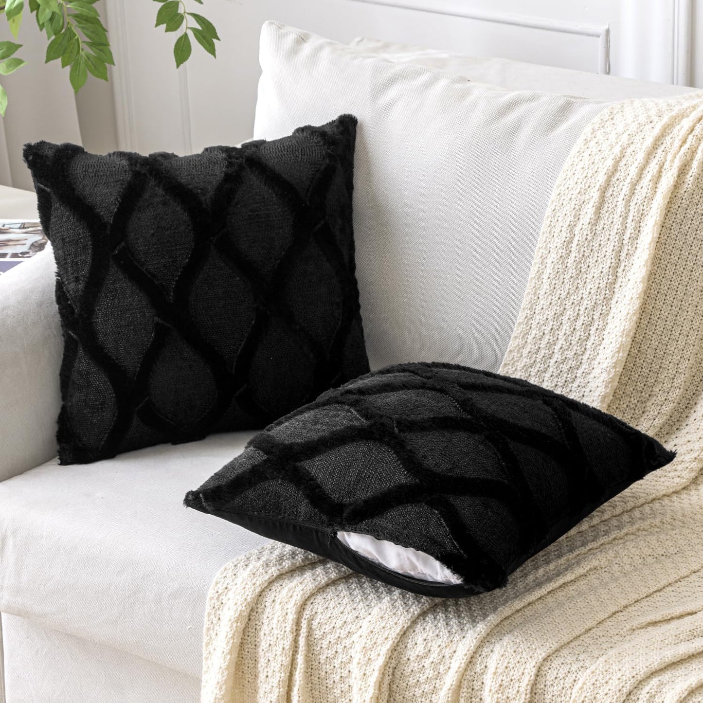 Decorative Throw Pillow Covers Black 18X18 Inch Set of 2, Soft Plush Faux Wool Couch Cushion Covers Farmhouse Throw Pillows for Couch Bed Sofa Living Room