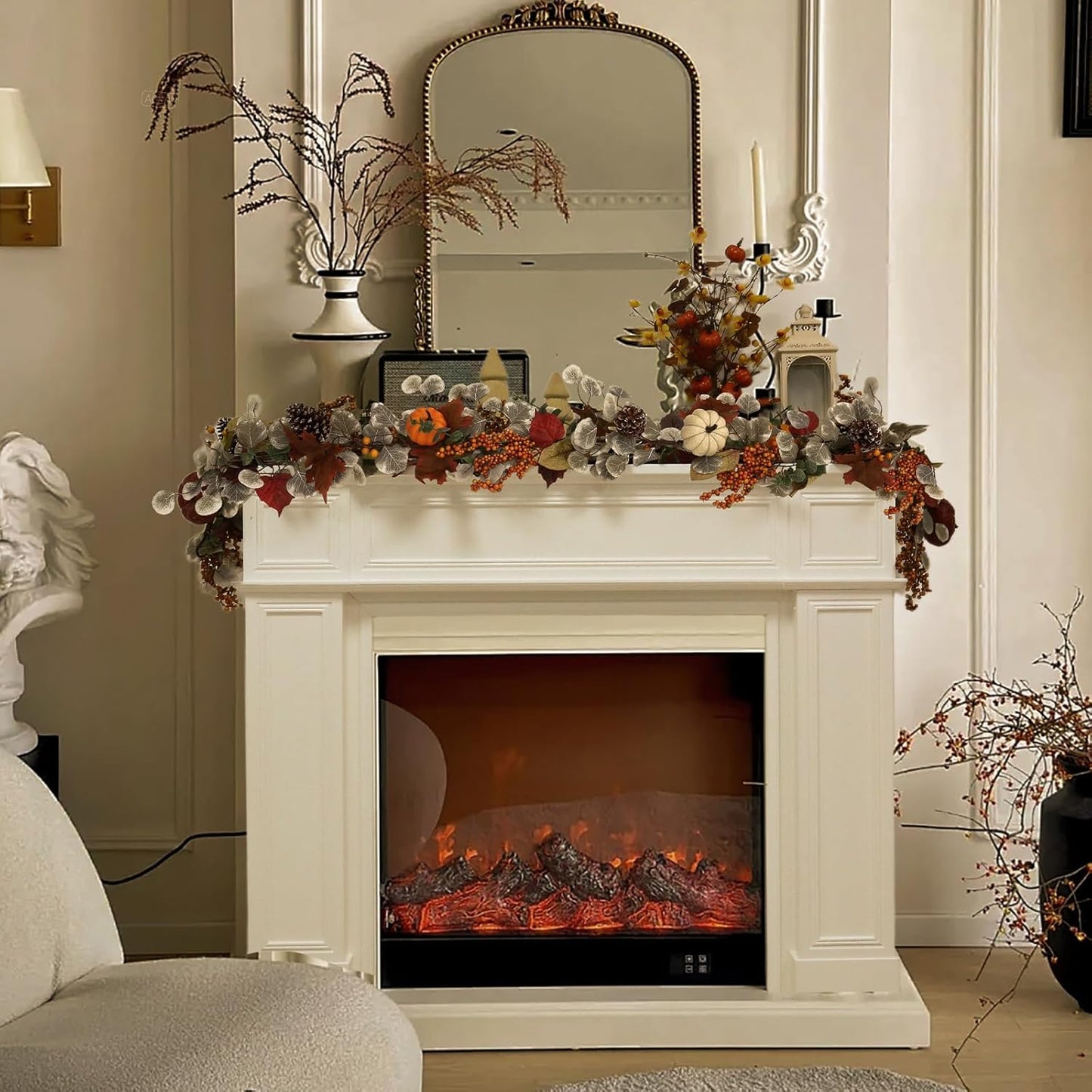 Fall Leaves Garland for Mantle, 6Ft Greenery Leaf Garland with Pumpkins and Fall Eucalyptus for Table,Mantle,Fireplace,Autumn and Thanksgiving Decor