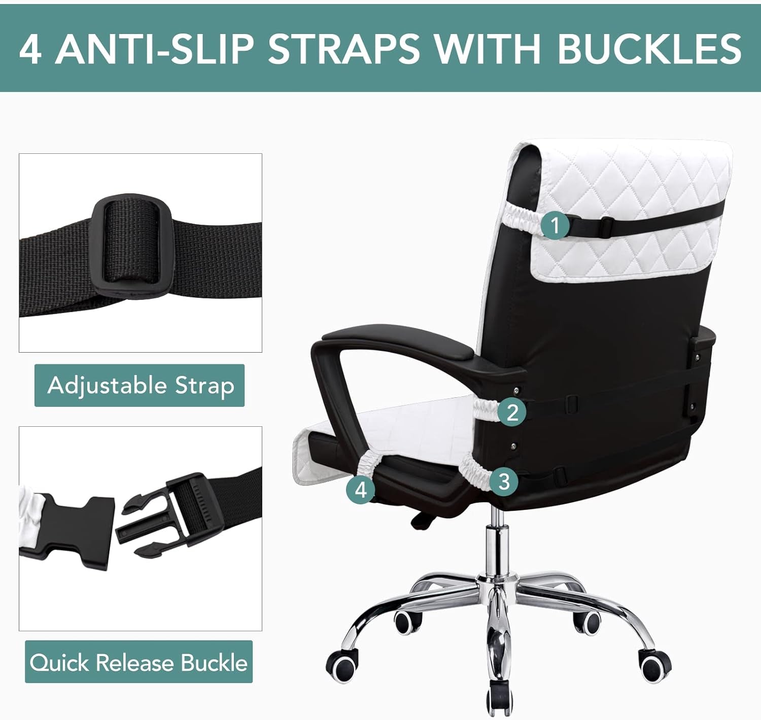 Reversible Office Chair Cover Water Resistant Dining Chair Cover Soft Desk Computer Chair Slipcover with Anti-Slip Buckle for Armchair or Armless Chair (Medium, White/White)