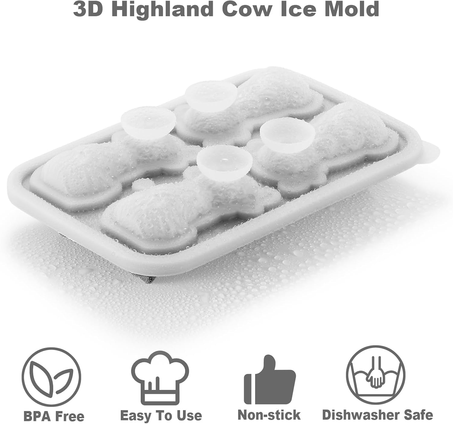 3D Highland Cow Ice Cube Tray, Large Silicone Fun Shapes Ice Cube Mold for Whiskey,Cocktails, Bourbon, Cute Highland Cow Gifts for Holiday Stocking Stuffers