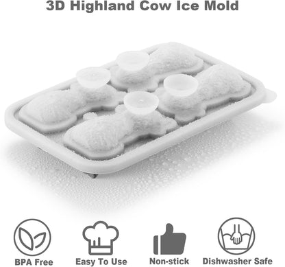 3D Highland Cow Ice Cube Tray, Large Silicone Fun Shapes Ice Cube Mold for Whiskey,Cocktails, Bourbon, Cute Highland Cow Gifts for Holiday Stocking Stuffers