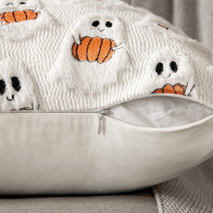 Halloween Pillow Covers Decorative Fall Cute Ghost Plush Faux Fur Pillows 18X18 Inch Set of 2 Soft Pumpkin Accents for Sofa Couch Bed Living Room Festive Home Decor, White Bright Orange