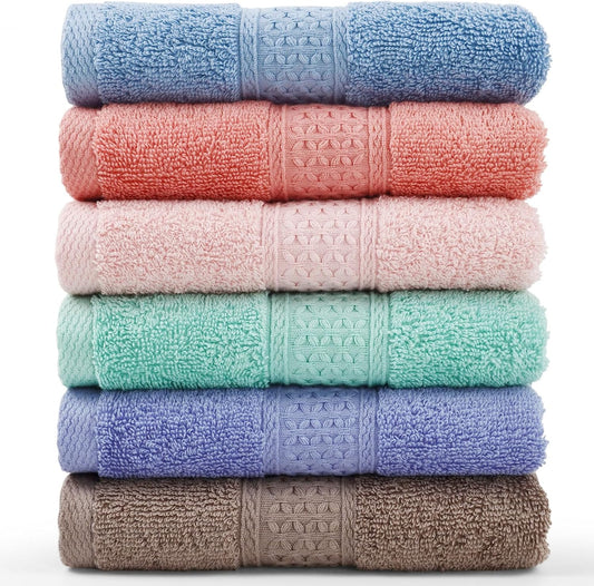 Face-Cloth Washcloths Set,100% Cotton, High Absorbent, 6-Pack 6 Colors, Size13 X13-Deep Color