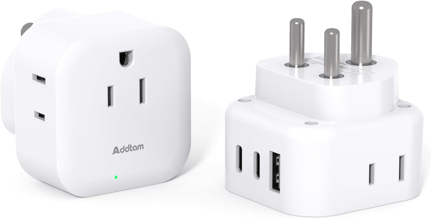 2 Pack US to India Plug Adapter, Type D Travel Adapter with 3 Outlets 3 USB Charger (2 USB C Ports), India Power Adapter Converter for USA to India, Bangladesh, Maldives, Pakistan, Nepal, Sudan