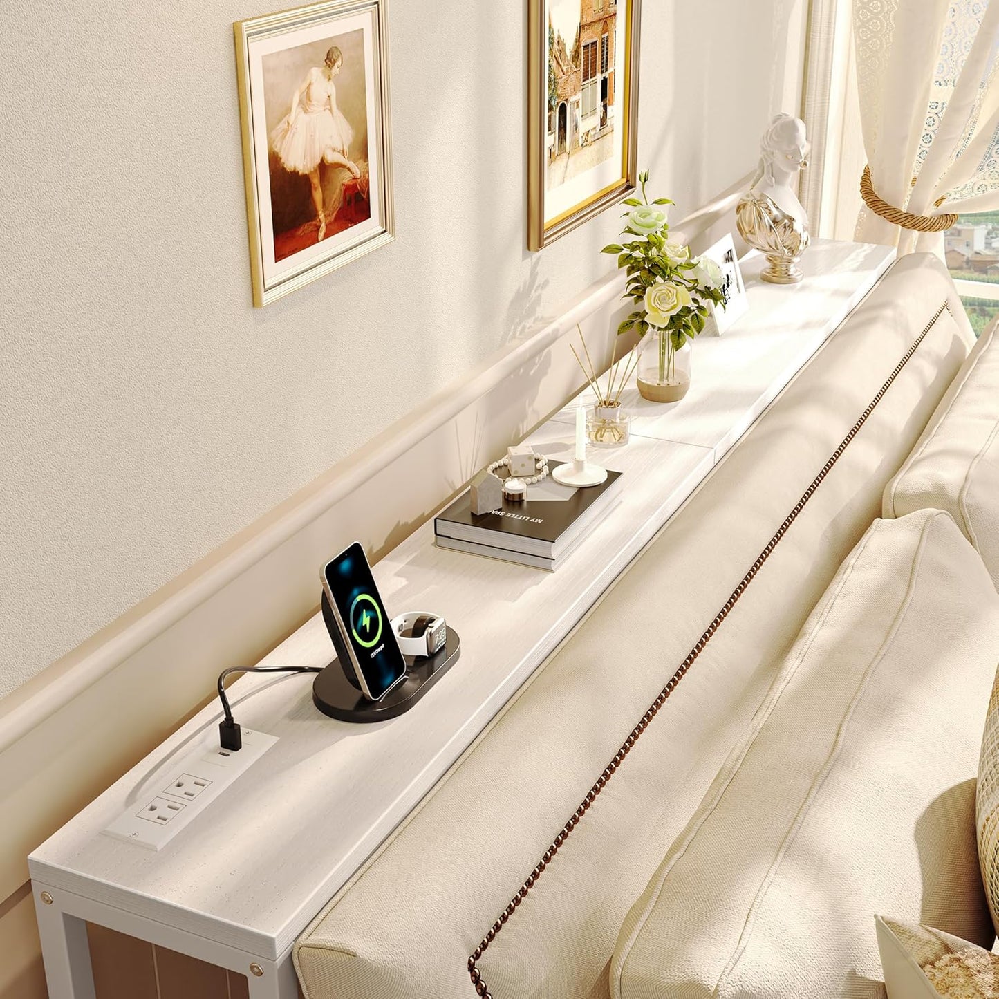 70-Inch Console Table with Integrated Charging Station, Slim Entryway Table for Living Room, White Finish