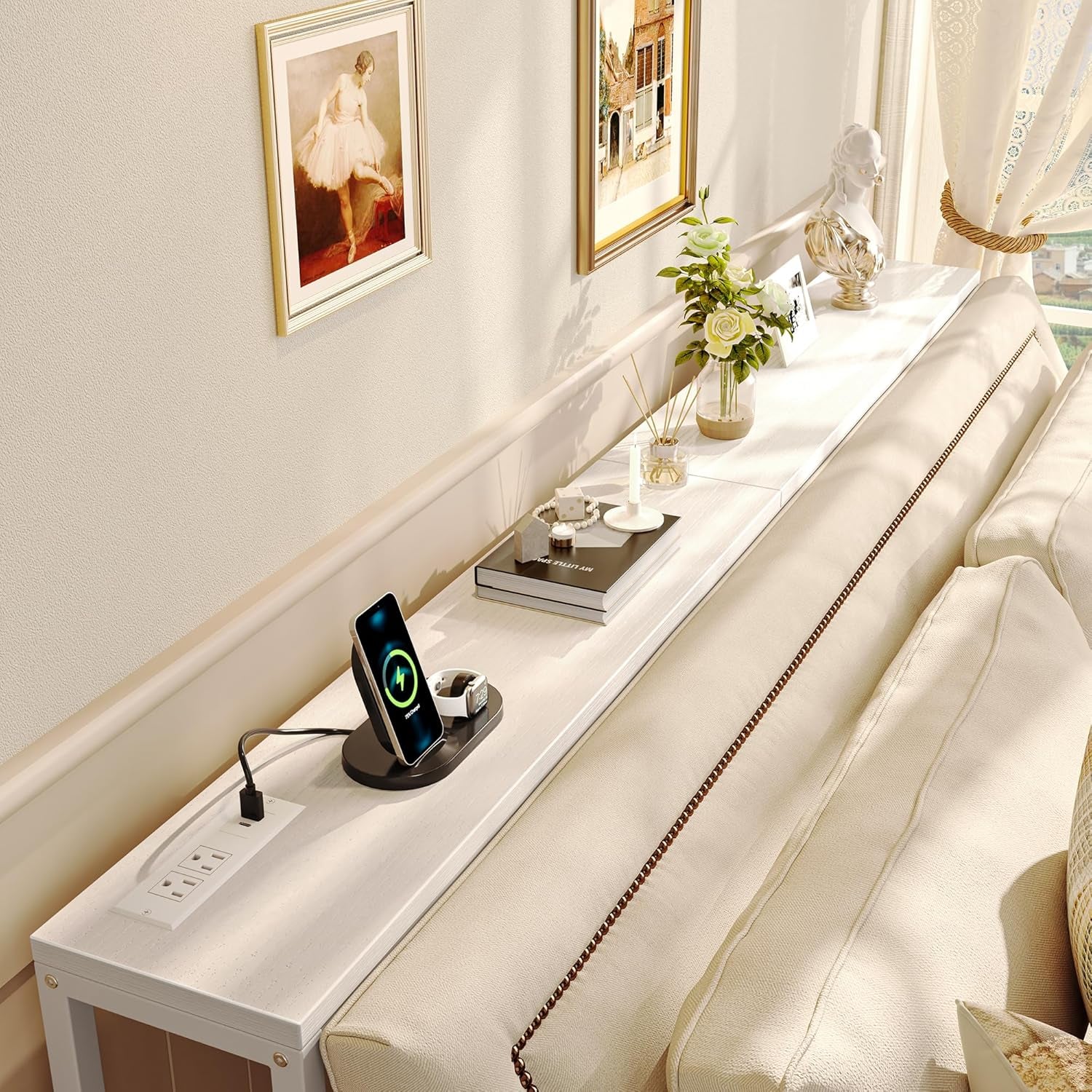 70-Inch Console Table with Integrated Charging Station, Slim Entryway Table for Living Room, White Finish