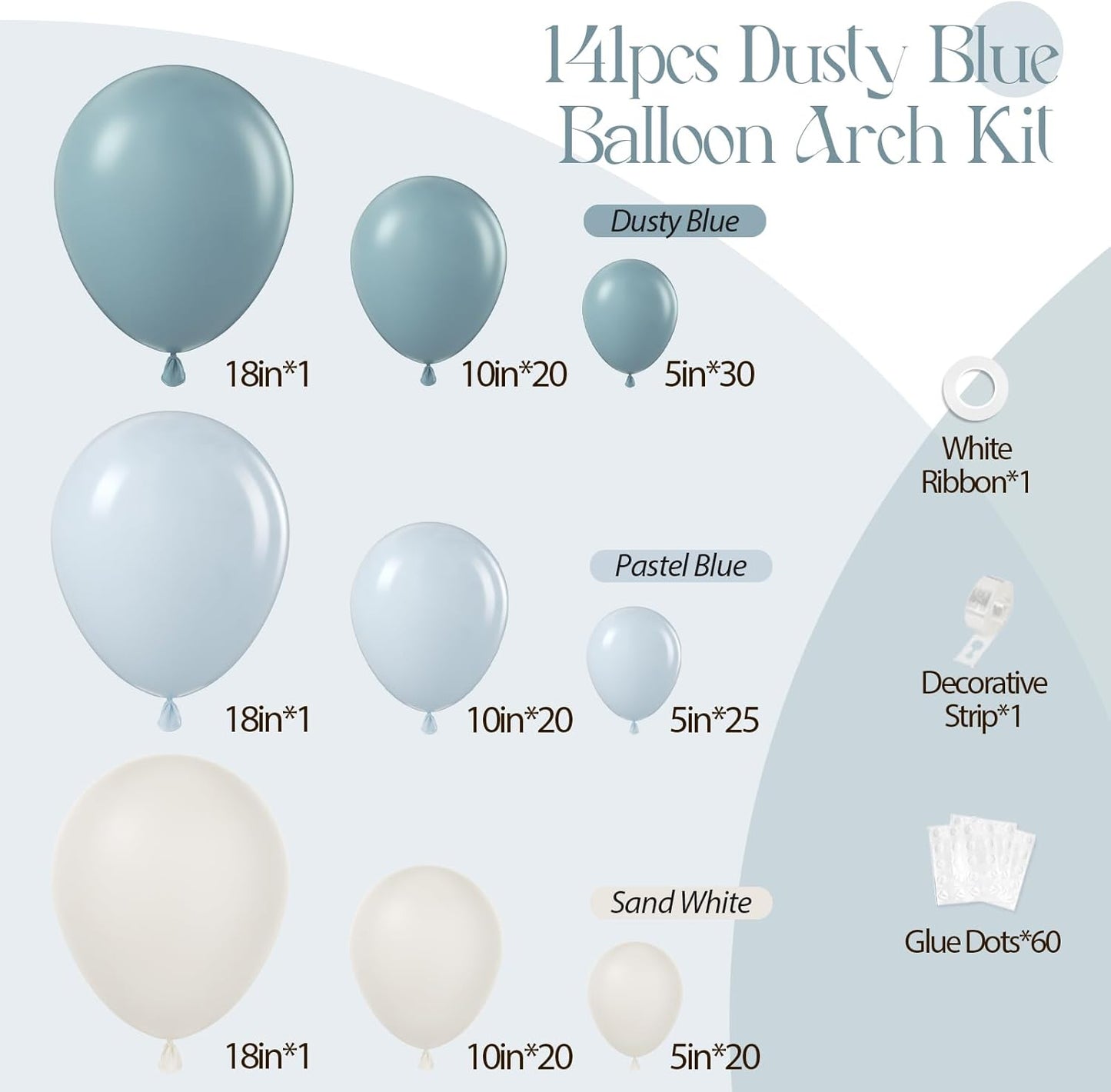 141Pcs Dusty Blue Balloons, Dusty Blue Balloon Arch Kit with White Sand Balloons for Gender Reveal Baby Shower Birthday Party Decorations