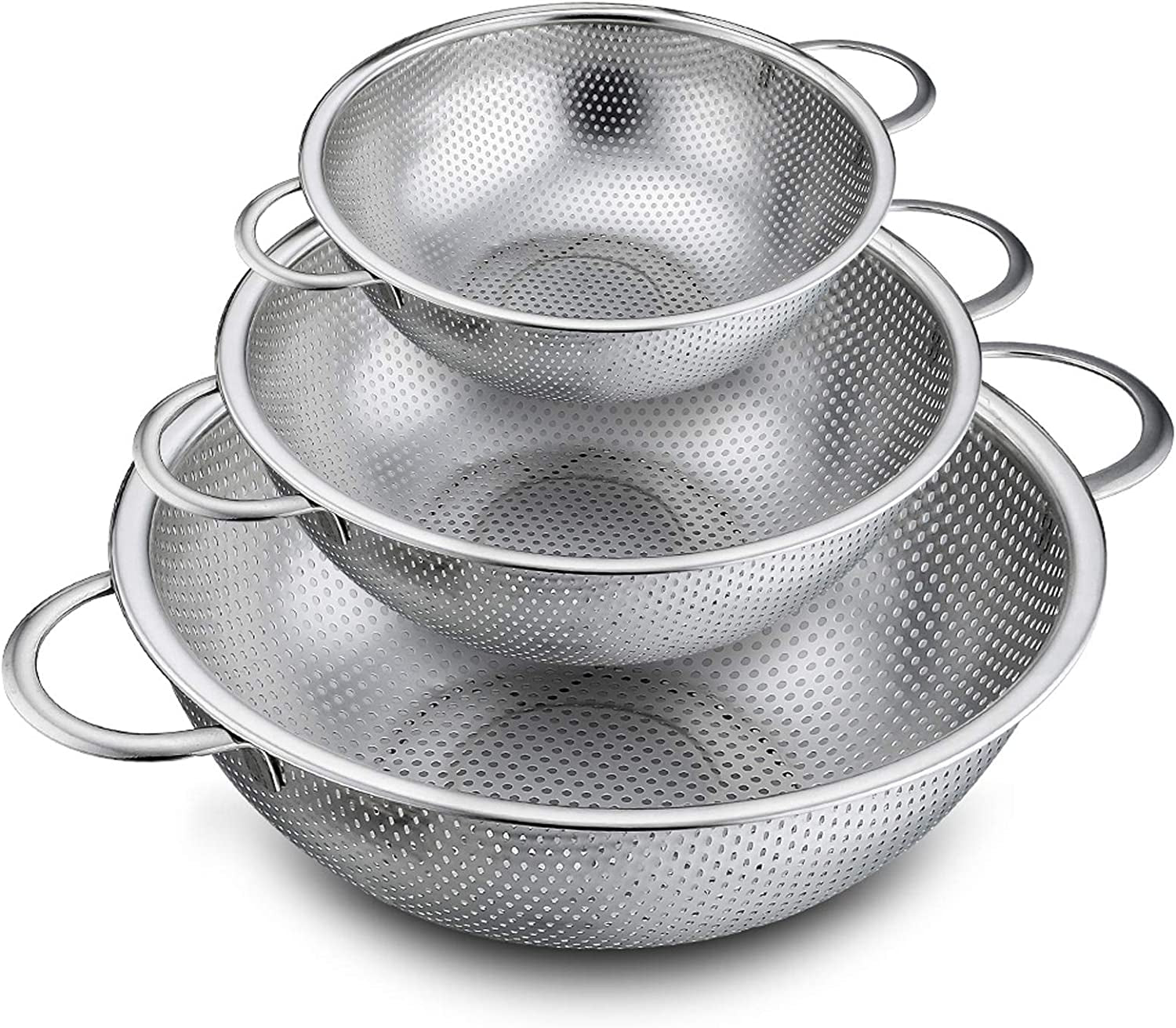 Colander Set of 3, Stainless Steel Micro-Perforated Colanders Strainers for Draining Rinsing Washing, Ideal for Pasta Vegetables Fruits, Heavy Duty & Dishwasher Safe - 1/3/5 Quart