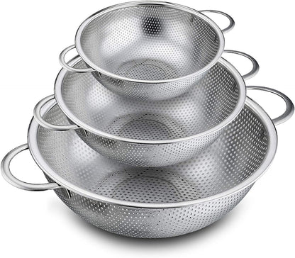 Colander Set of 3, Stainless Steel Micro-Perforated Colanders Strainers for Draining Rinsing Washing, Ideal for Pasta Vegetables Fruits, Heavy Duty & Dishwasher Safe - 1/3/5 Quart