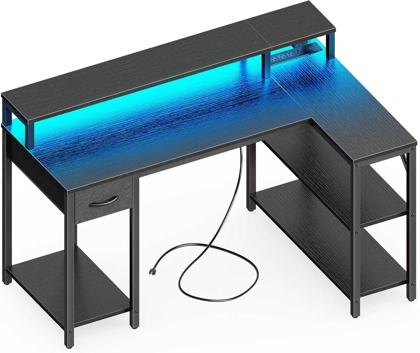 47-Inch Reversible L-Shaped Computer Desk with LED Lighting, Power Outlets, Shelves, Monitor Stand, Drawer, and Corner Design for Home Office and Gaming, Black