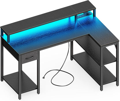 47-Inch Reversible L-Shaped Computer Desk with LED Lighting, Power Outlets, Shelves, Monitor Stand, Drawer, and Corner Design for Home Office and Gaming, Black