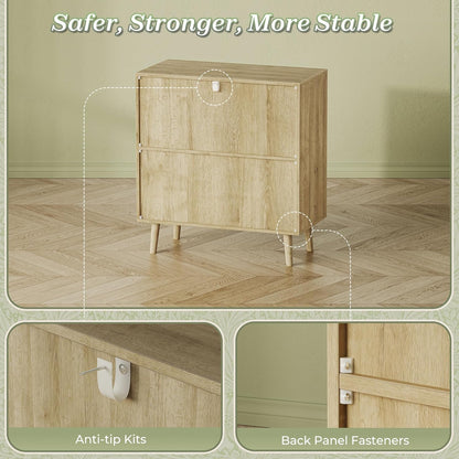 Buffet Cabinet with Storage and PE Rattan Decor Doors, Accent Sideboard with Solid Wood Legs for Hallway, Entryway, and Living Room in Natural Finish