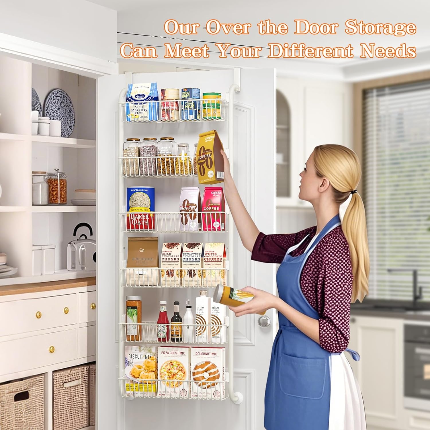 over the Door Pantry Organizers and Storage, 6-Tier Spice Rack, Home & Kitchen Storage Shelves for Cabinet, Large Capacity Hanging Seasoning Organizer, Laundry Room Organization, White