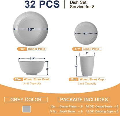 32-Piece Wheat Straw Dinnerware Set for 8 - Unbreakable Grey Plates, Bowls, and Cups, Microwave and Dishwasher Safe, Ideal for Outdoor Camping