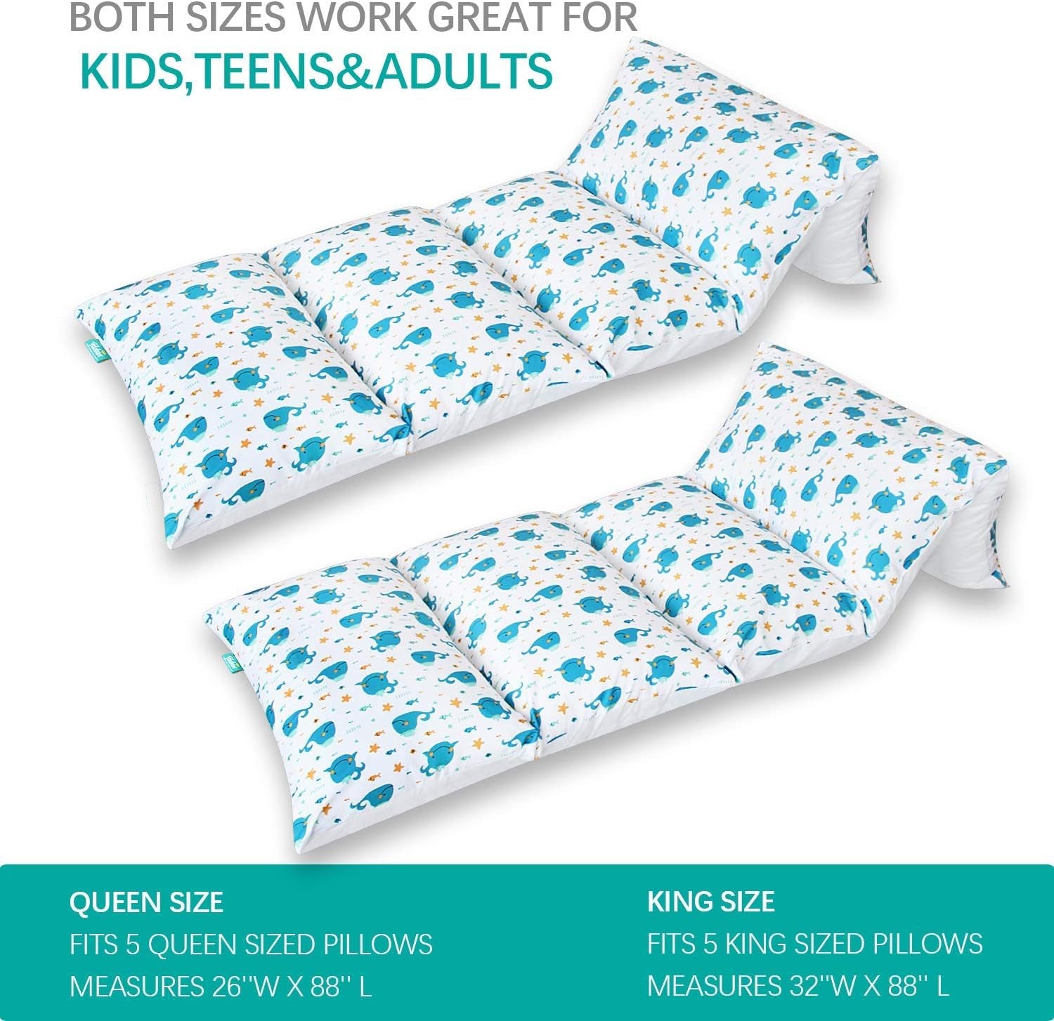 Floor Lounger Cover Only, Non-Slip & Super Soft Floor Pillow Bed Cover, 88''×26''Fits Five Standard Size Pillows, Whale Queen (Pillow Not Included)