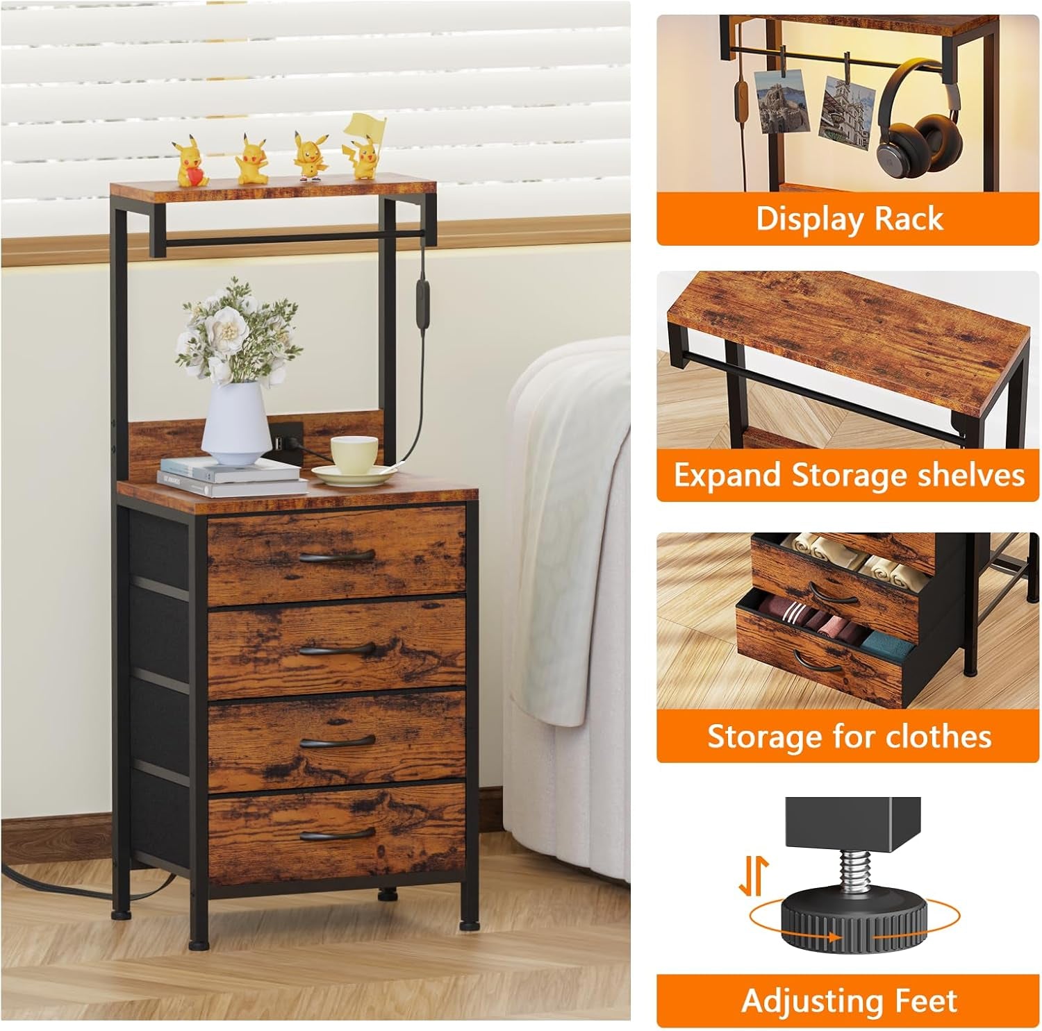 38-Inch Tall Nightstand with Charging Station, 4 Fabric Drawers, LED Lights, and Storage Shelf - Rustic Brown Metal Frame and Wood Shelves for Bedroom or Office
