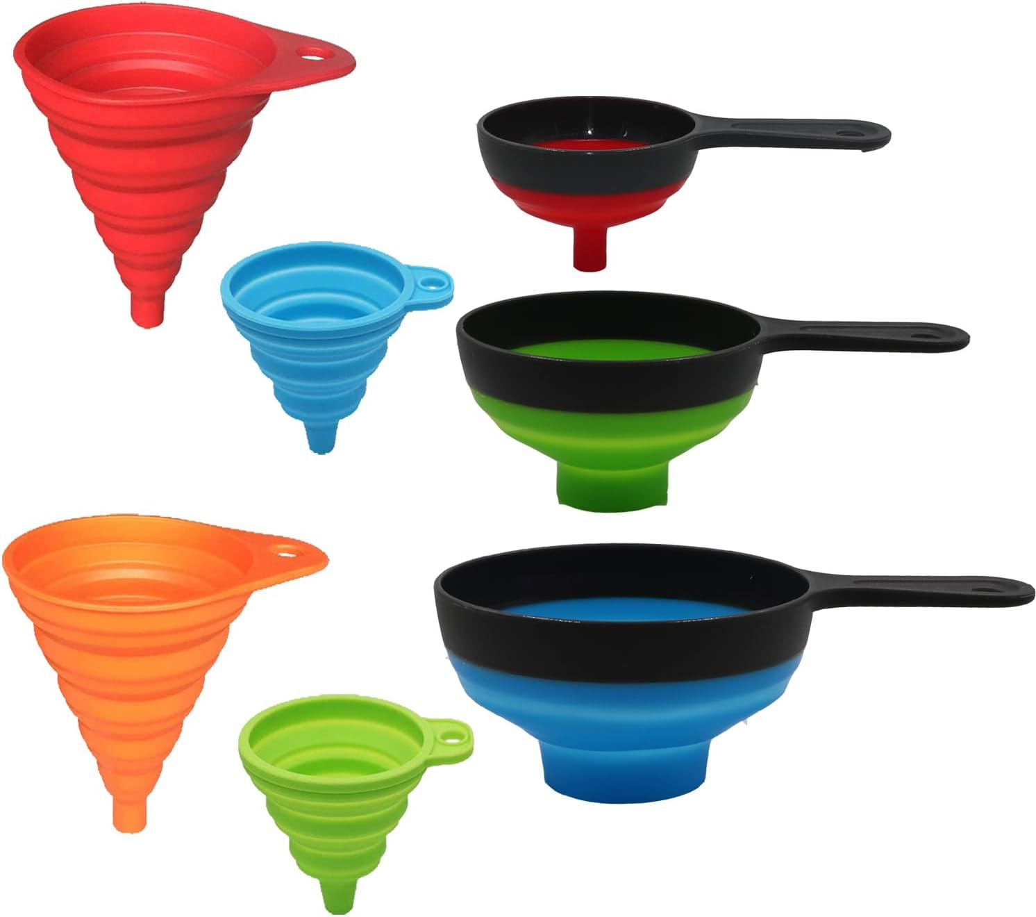 Silicone Collapsible Kitchen Funnels 4 Pack + Wide Mouth Canning Funnels 3 Pack