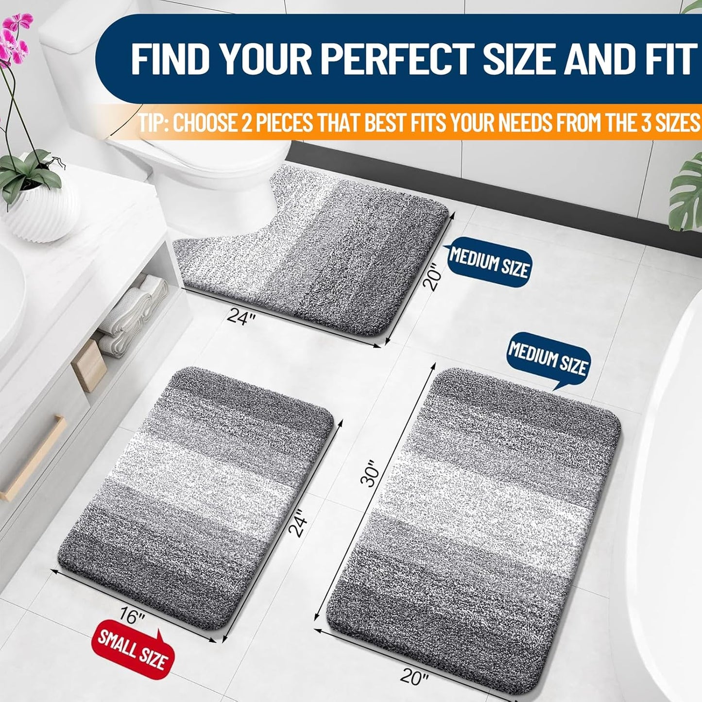 Bathroom Rug Set 2 Piece, Soft Absorbent Microfiber Bath Rug Set, Non-Slip, Machine Wash Dry, Plush Shaggy Bath Mats for Bathroom (30"X20"+24"X16", Grey)