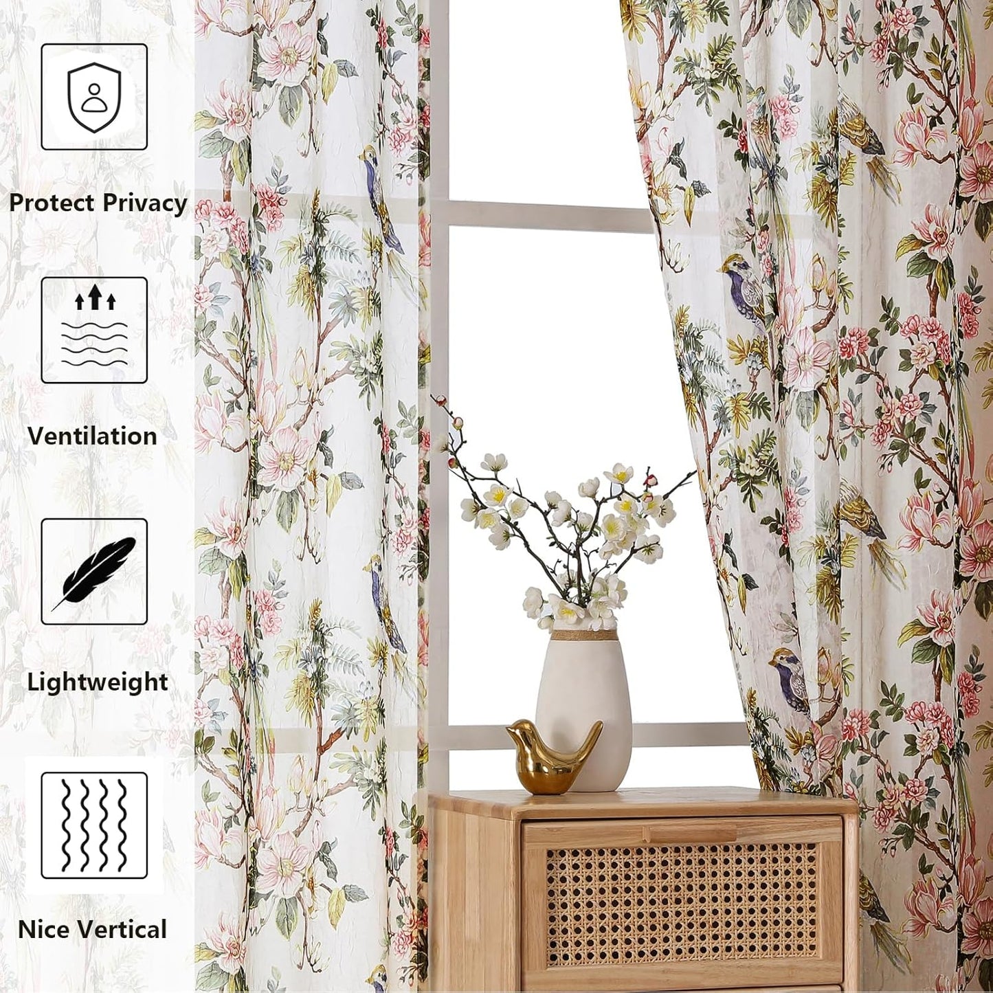 Crushed Sheer Curtains Tiers 36 Inch Length 2 Panels, Printed Design Small Half Curtains Kitchen Tiers Bathroom Cafe Bedroom Living Room, Light Filtering Curtain, Each 42"X36"
