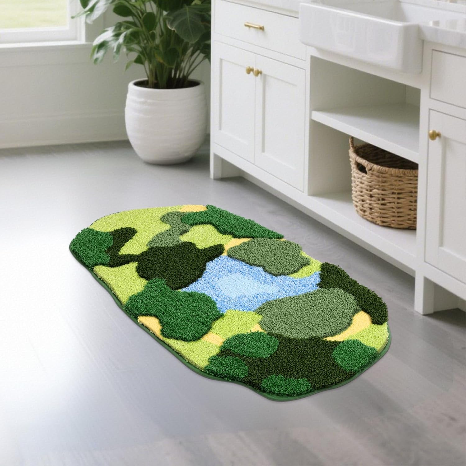 Soft Fluffy Green Moss Bath Rugs 20"X35" Non Slip Bath Mats Cute Fun Irregular Unique Bathroom Rugs Absorbent Carpet for Bathroom Shower Tub Bedroom Rug Decor, Multigreen Moss Blue Pond