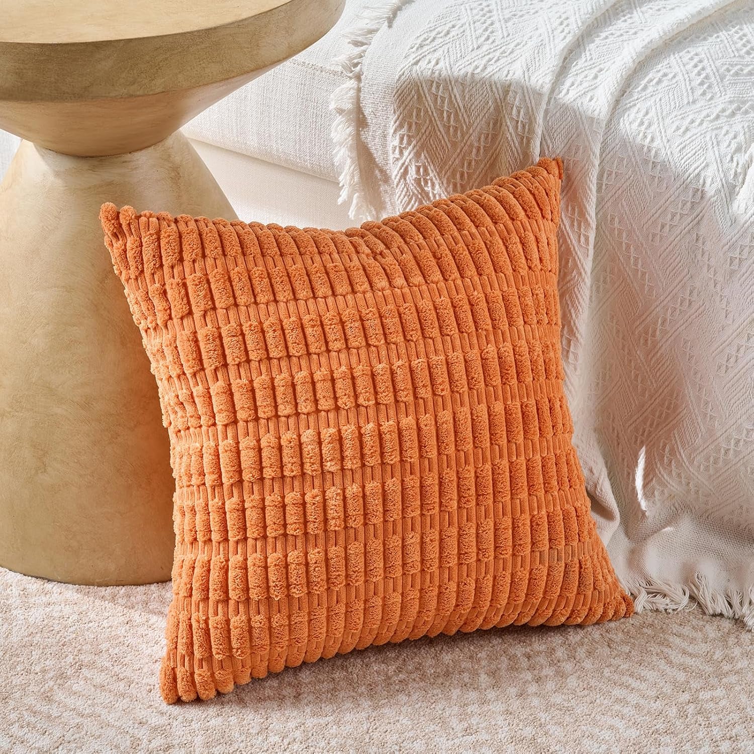 Set of 4 Burnt Orange Fall Decorative Throw Pillow Covers 18X18 Inch for Couch Bed Chair, Modern Farmhouse Boho Room Decor, Soft Fuzzy Corduroy Textured Striped Cushion Case 45Cm