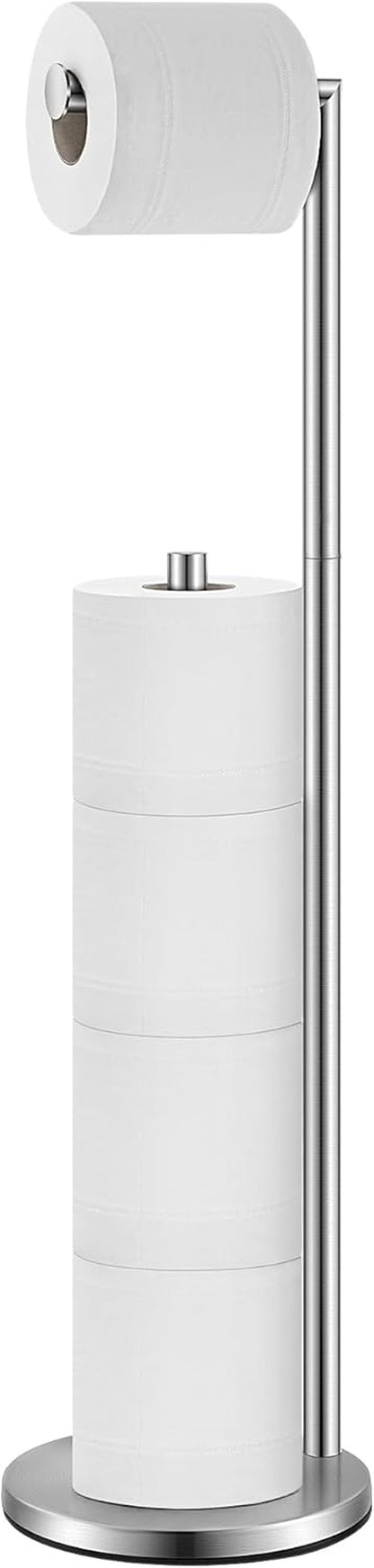 Toilet Paper Holder Stand, Bathroom Toilet Paper Holder Free Standing, 5-Roll Toilet Paper Stand with Suction Cups, Non-Slip Toilet Paper Roll Holder, Stainless Steel, Weighted Base, Silver
