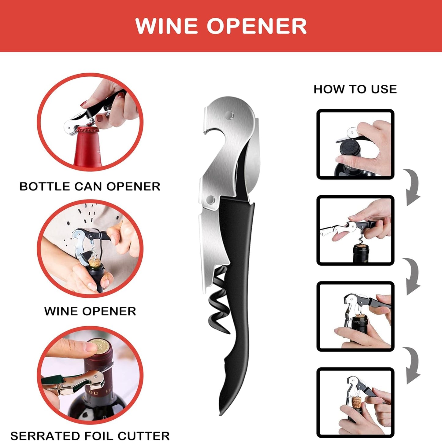 Jar Opener for Weak Hands, Seniors with Arthritis, 5 in 1 Multi Function Bottle Opener Lid Opener for Arthritic Hands with Corkscrew Wine Opener (Red)