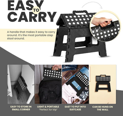 Folding Step Stool - (Pack of 1) Foot Stool with 9 Inch Height - Holds up to 300 Lbs - Lightweight Plastic Foldable Step Stool for Kitchen, Bathroom & Living Room (Black)