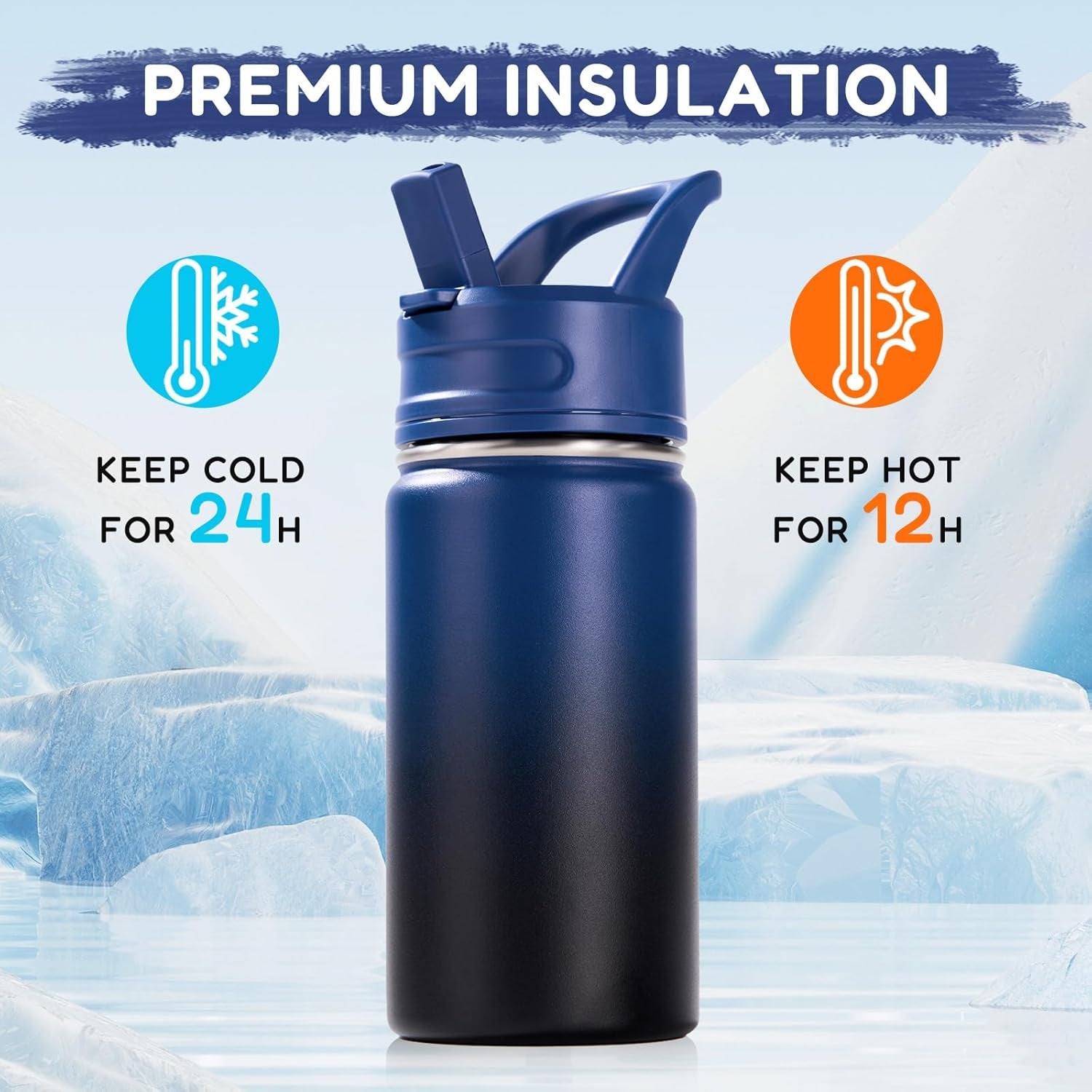 12Oz Kids Water Bottle for School, Toddler Bottles with Straws, Stainless Steel Vacuum Insulated Water Bottle for Boys&Girls, Leak-Proof, Bpa-Free, Blue Black