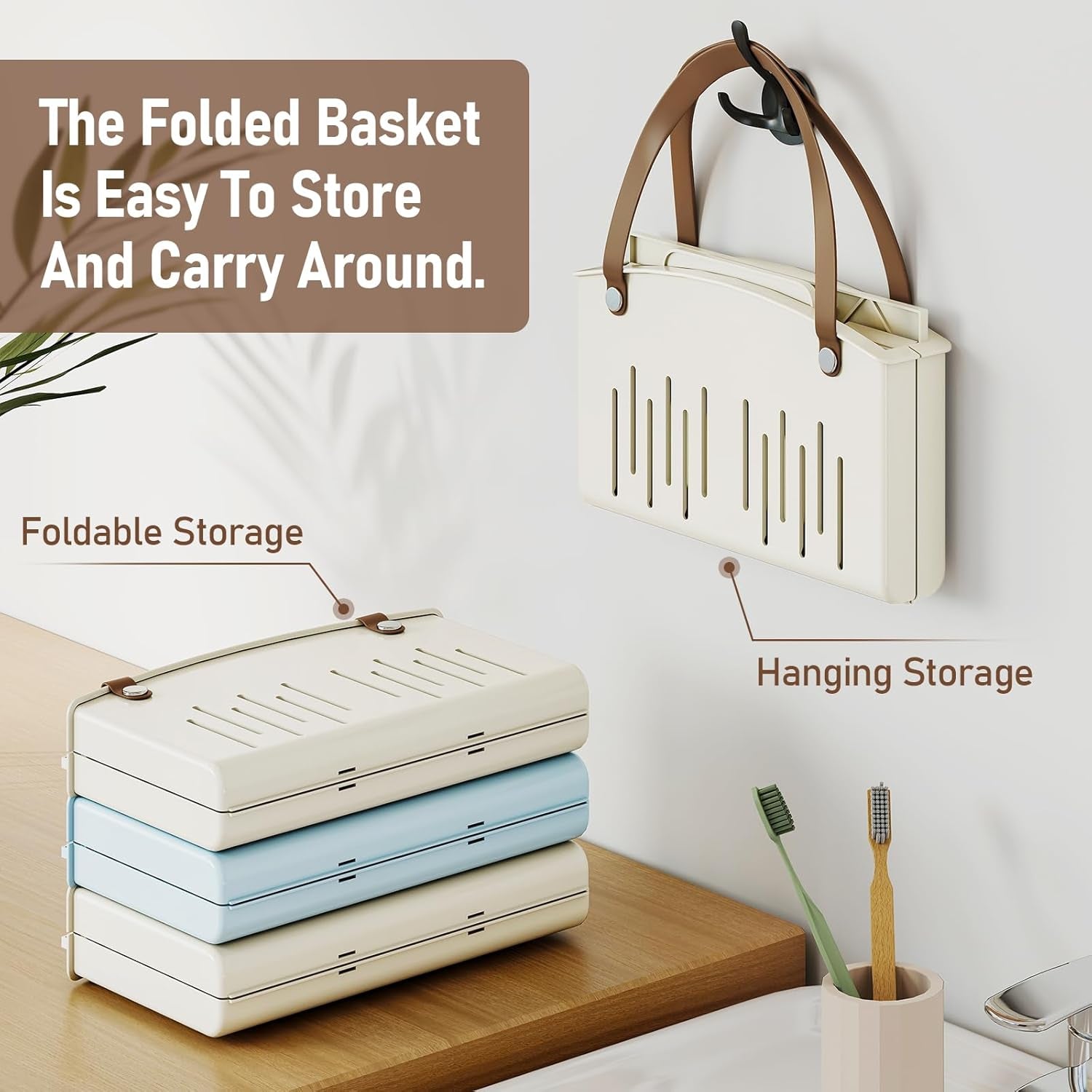 Portable Shower Basket Caddy with Double Handle Foldable Dry Wet Separation Design 11.0 × 7.1 × 6.5In, Travel, Camping, Gym, College Bathroom Tote, White, Ideal Christmas Gifts for Girls