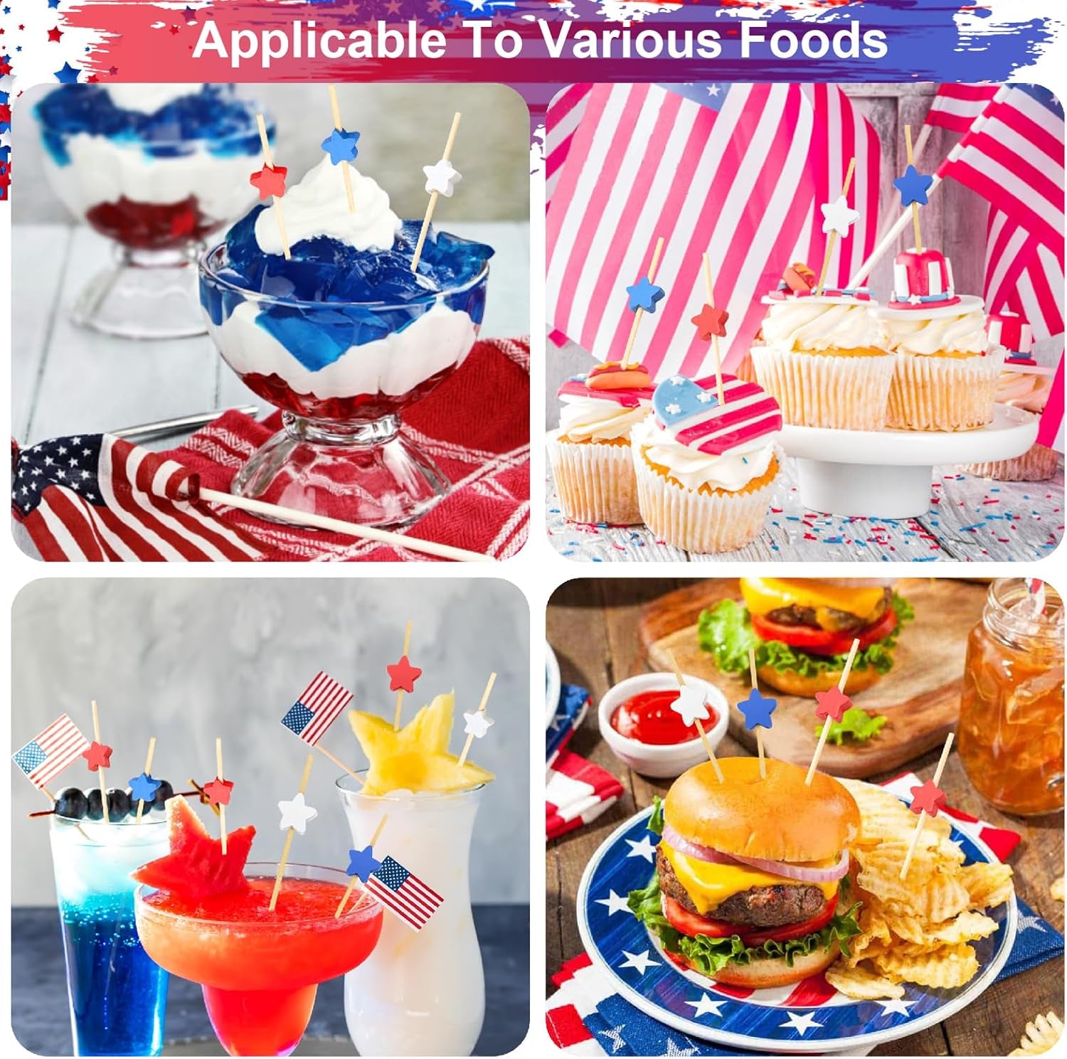 100PCS 4Th of July Cocktail Picks, Red White Blue Star Bamboo Toothpicks for Appetizers, 4.7 in Charcuterie Skewers Sticks for Fourth of July Party Supplies Independence Day Patriotic Decorations