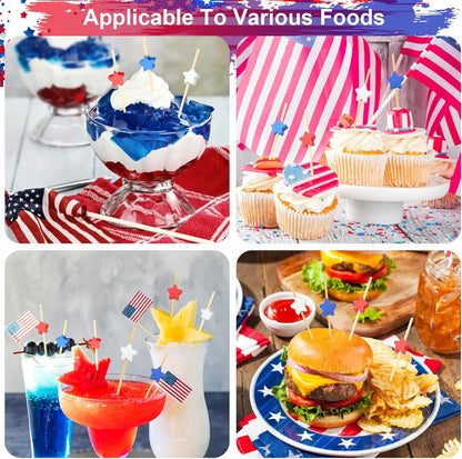 100PCS 4Th of July Cocktail Picks, Red White Blue Star Bamboo Toothpicks for Appetizers, 4.7 in Charcuterie Skewers Sticks for Fourth of July Party Supplies Independence Day Patriotic Decorations