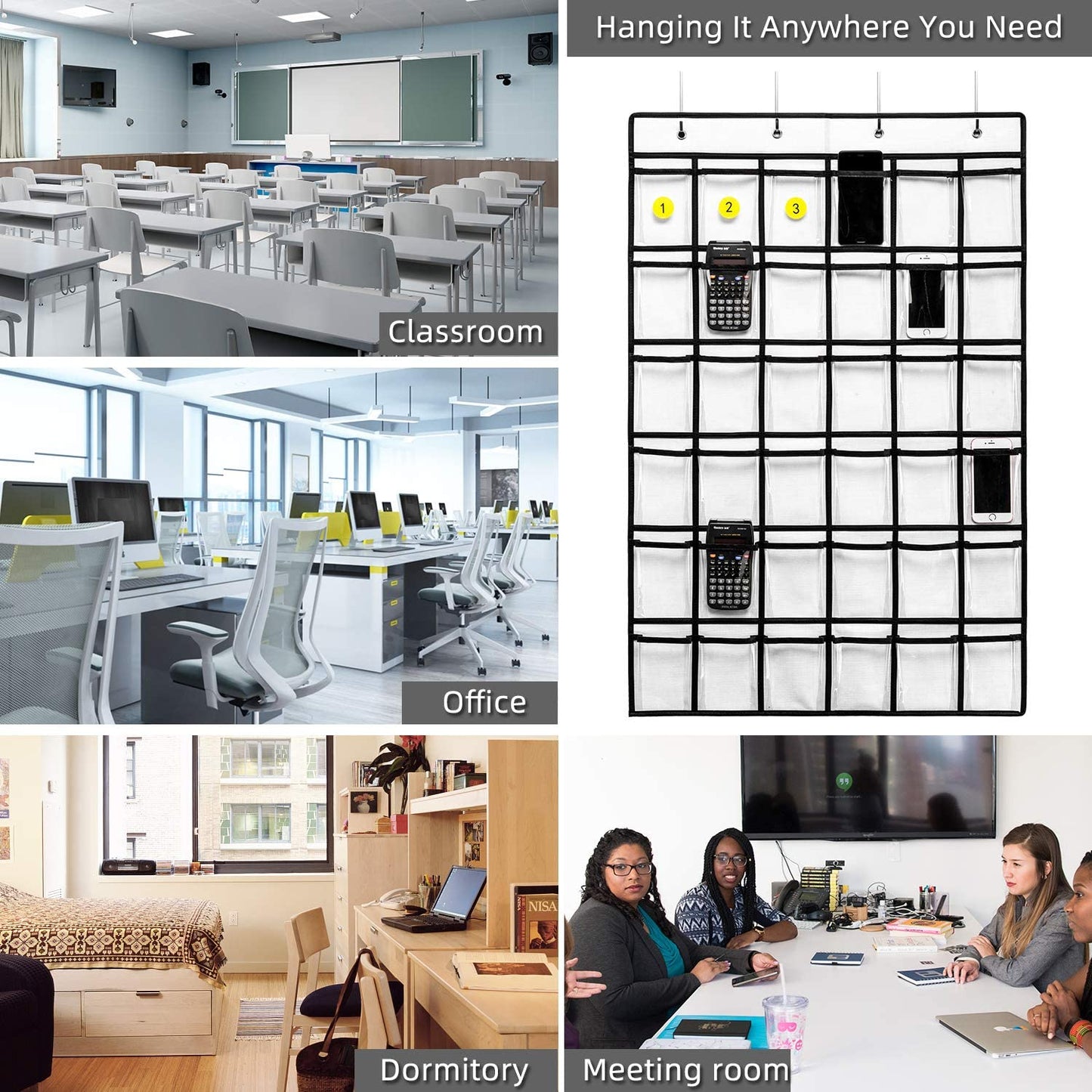 36-Pocket Classroom Pocket Chart for Cell Phones and Calculators with Number Stickers and Hooks (White)