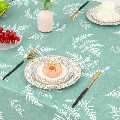 Rectangle Waterproof Vinyl Table Cloth, Wipeable Tablecloth with Flannel Backing, Plastic Table Cover for Dinner, Picnic, Indoor and Outdoor (Light Green Leaves, 60" X 84")