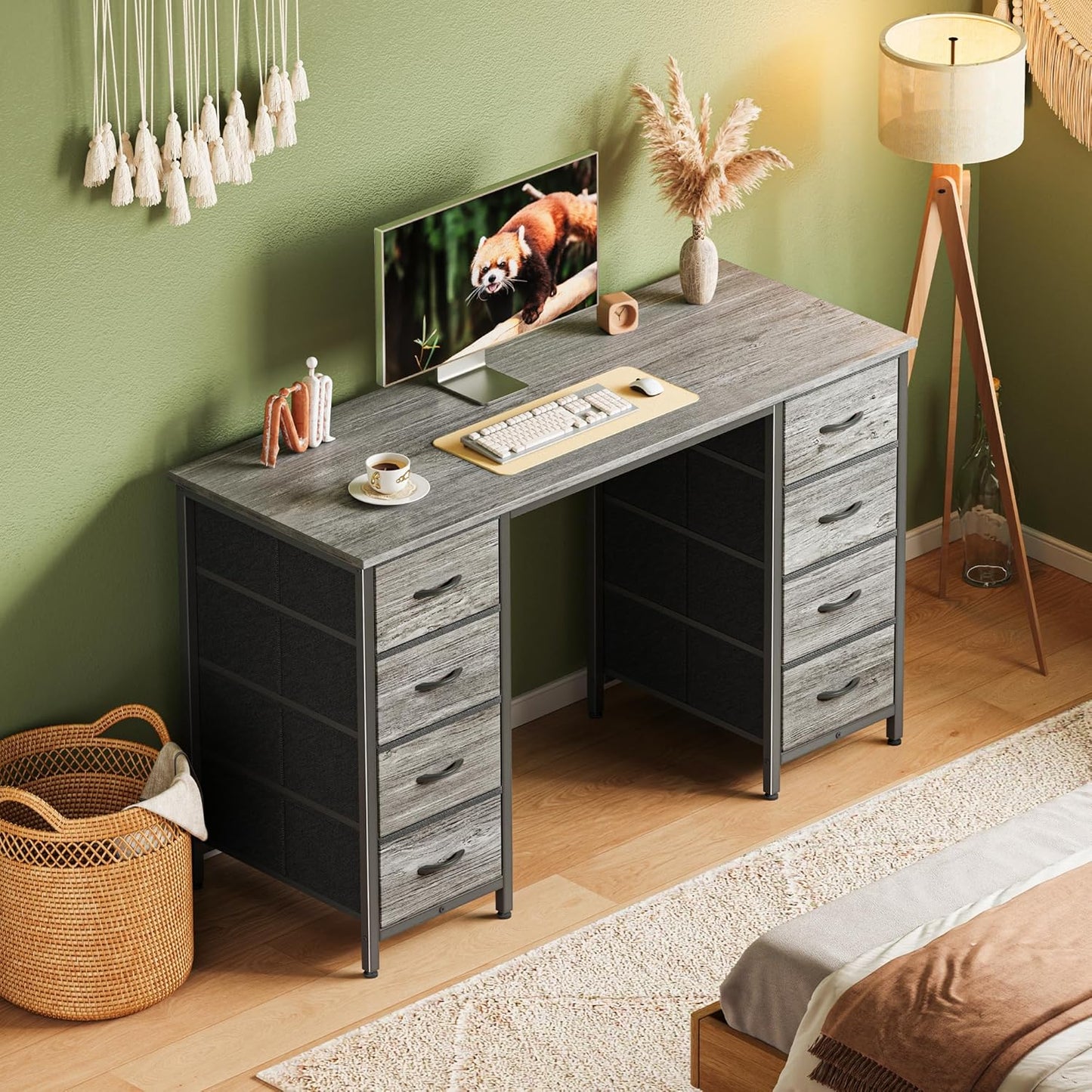 47-Inch Computer Desk with 8 Fabric Drawers - Versatile Office and Gaming Desk for Home Office and Study with Ample Storage in Grey