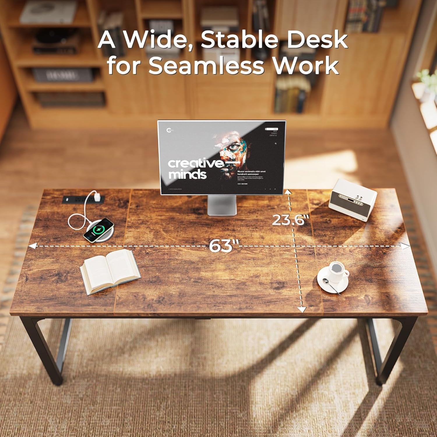 63 x 24 Inch Heavy-Duty Computer Desk with Power Outlets & USB-C, Enhanced Desktop Thickness, Sturdy Metal Frame, Ideal for Home Office and Gaming, Rustic Brown Finish